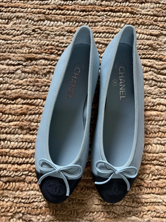 CHANEL Shoes - NIB Authentic CHANEL leather Light Blue and Black fabric Cap-Toe Ballet Flats